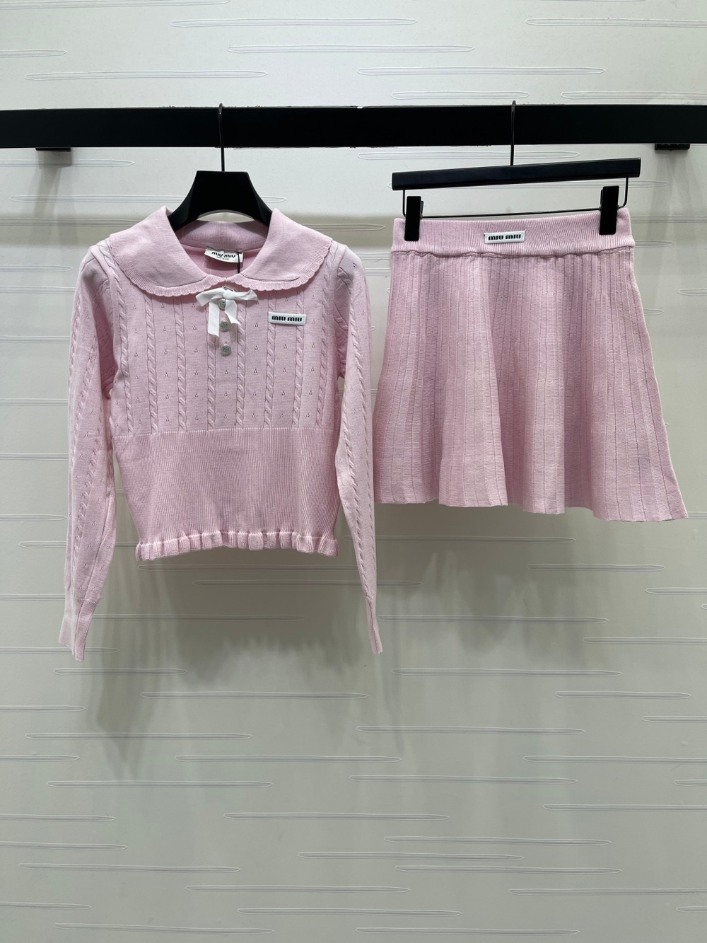 Miu Miu Pink Peter Pan Collar Knit Top & Skirt Matching Set